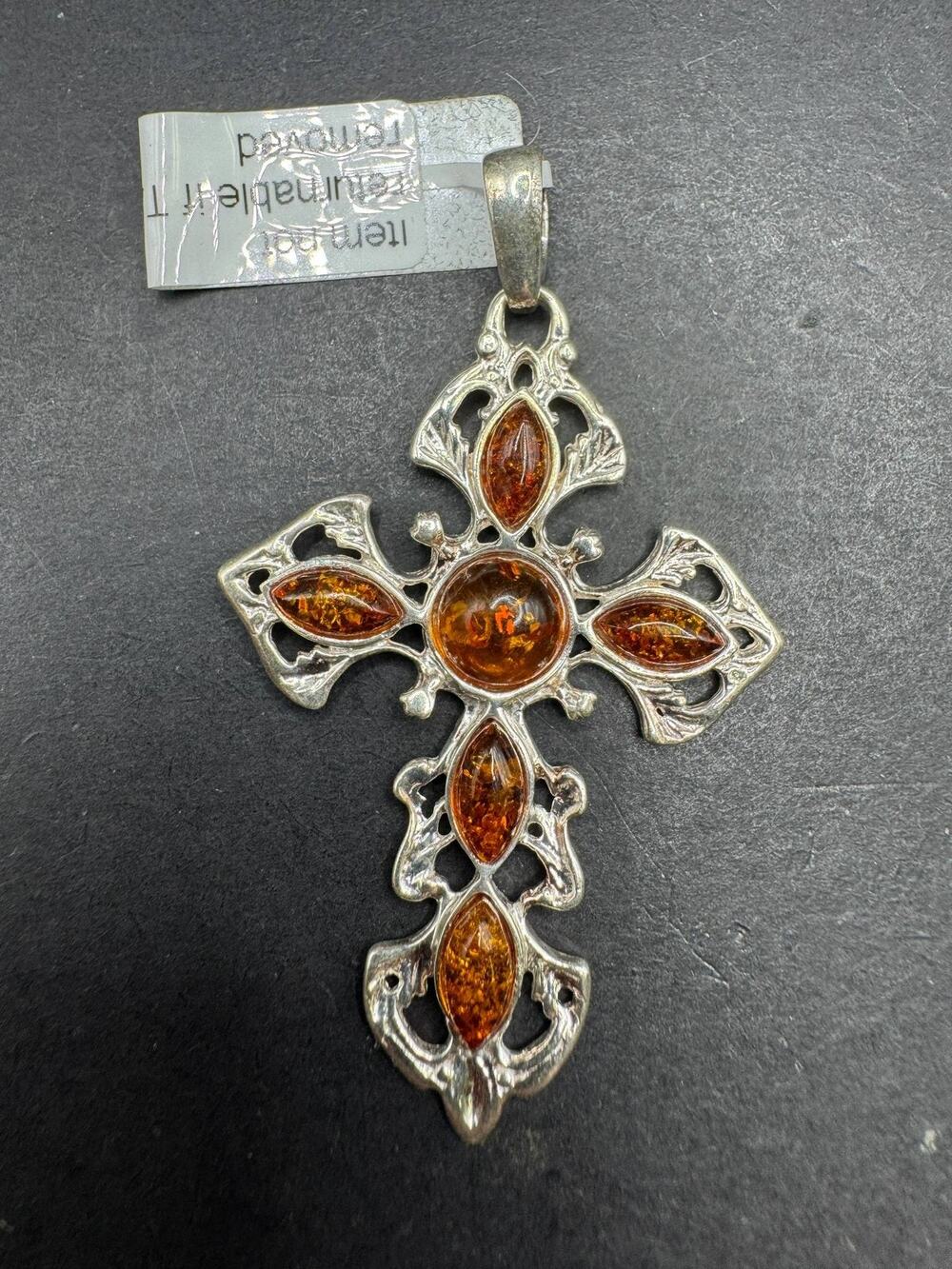 Sterling Silver 925 Amber Cross Pendant Necklace Statement Jewelry Filigree